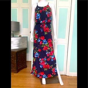 Long Floral Navy Red Maxi Dress Side Slits New